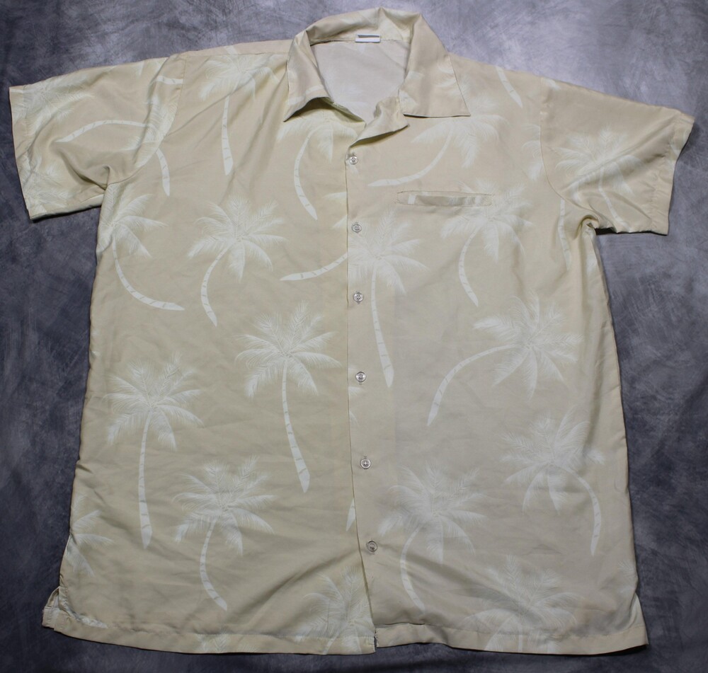 Vintage King Kameha Shirt Mens XL Beige Palm Tree Hawaiian Short Sleeve Button